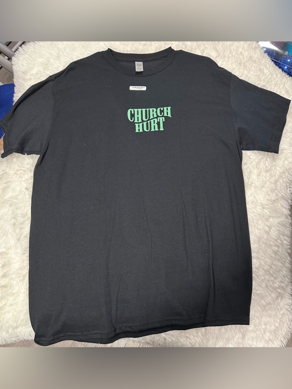 Unisex Black Short-Sleeve Tee with Mint Green 'CHURCH HURT' Graphic